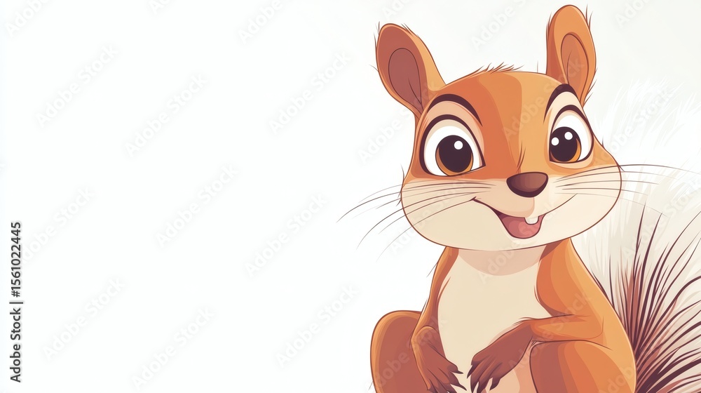 Poster an animated squirrel with a happy expression and light background
