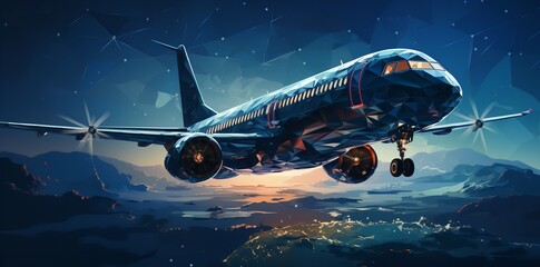 Fototapeta premium Low-Poly Airplane Flying in Space – Vector Illustration.
