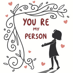 Girl reaching out to embrace decorative branches and hearts