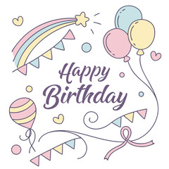 Pastel birthday celebration banner with balloons and rainbow