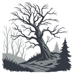 Gnarly bare trees in dark forest spooky creepy