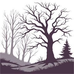 Spooky bare trees and pine on white background pine tree