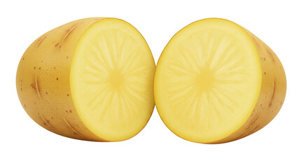 Sliced potato halves revealing the starchy interior and texture details