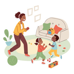 Mother and children playing with toys indoors family