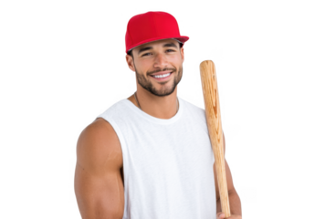 A confident young man wearing a red cap and a sleeveless white shirt smiles while holding a wooden baseball bat. set against a clean. neutral background. perfect for sports-themed promotions