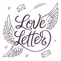 Winged love letter calligraphy with hearts and feather