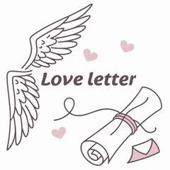 Flying love letter with wings and hearts scroll