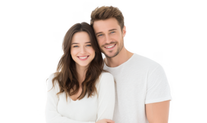 A joyful couple stands closely together. smiling at the camera. showcasing a casual and intimate moment in a bright. minimalist studio setting. perfect for relationship-themed content