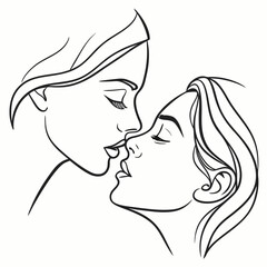 Two faces kissing in continuous line art romance love