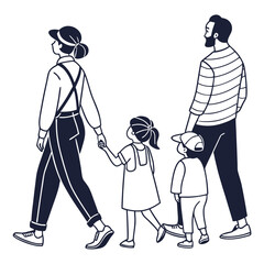 Family walking together dark blue outline people parents