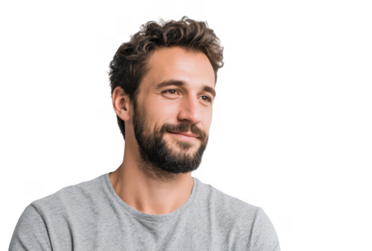 A smiling man with a beard and curly hair wearing a grey t-shirt. leaning against a light wall. exuding a relaxed and approachable demeanor. ideal for lifestyle and personal branding imagery