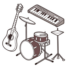 Obraz premium Acoustic guitar keyboard drum set cymbals piano drums