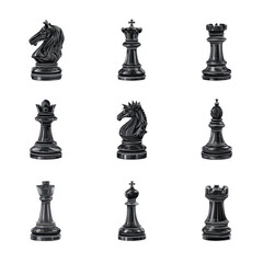 A visually striking arrangement of black chess pieces including a knight. king. queen. and rook. showcasing intricate designs against a clean white background. perfect for strategic game imagery