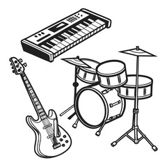 Naklejka premium Black and white musical instruments ensemble guitar