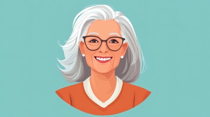 Smiling elderly woman wearing glasses and an orange colored shirt