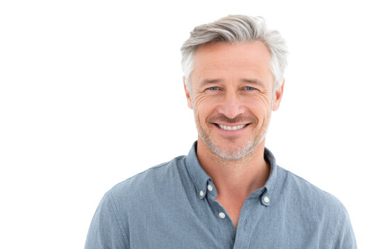 A smiling middle-aged man with gray hair. wearing a casual blue shirt. stands against a plain white background. exuding confidence and approachability. ideal for professional or lifestyle imagery