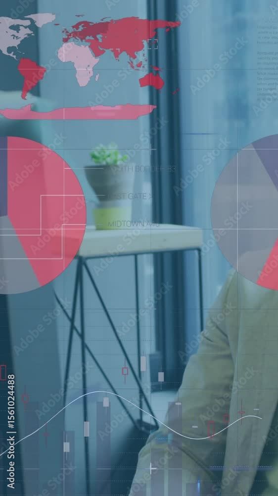 Poster animation of financial data processing over businessman with face mask using computer in office