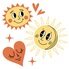 Cheerful suns and heart with stars smiling orange