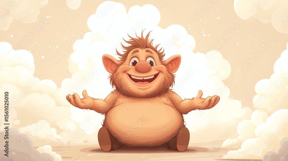 Poster a cheerful smiling cartoon character with open arms in a cloudscape