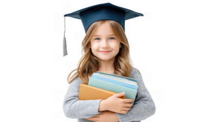A young girl wearing a graduation cap and holding a stack of colorful books. smiling confidently against a plain background. symbolizing achievement and educational success