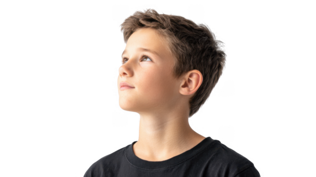 A young boy gazing thoughtfully upwards. showcasing curiosity and wonder. set against a clean white background that emphasizes his expression and innocence. ideal for educational or inspirational them