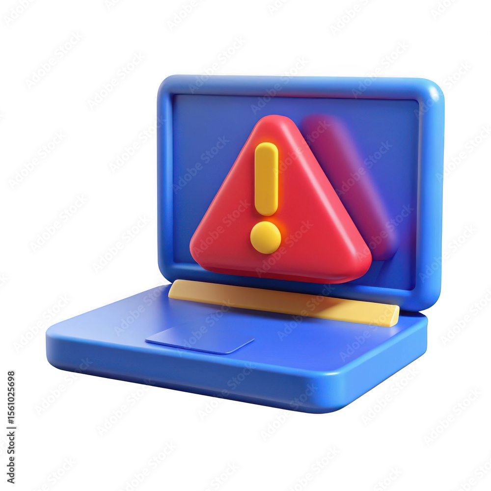 Poster 3d render of laptop with warning alert icon isolated on transparent background
