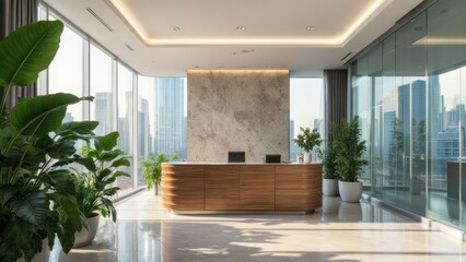 Fototapeta premium Modern office reception area with city view.