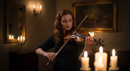 Fototapeta premium Elegant Young Woman Playing Violin in Candlelit Room with Antique Portrait on Wall