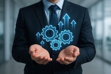 Strategic Synergy: A professional in a sharp suit presents an innovative concept of interconnected gears and ascending arrows, illustrating collaborative success and growth within a modern workspace.