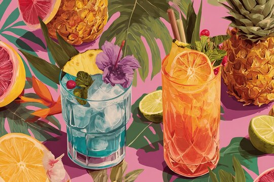 Vibrant tropical drink template featuring refreshing cocktails adorned with luscious fruit garnishes. High quality