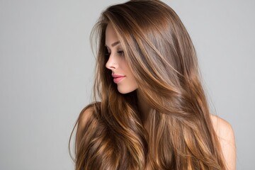 Naklejka premium A woman with long flowing brunette hair styled over her shoulder captured in a studio profile