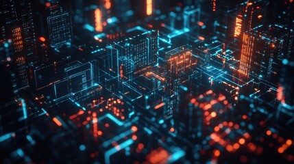 Obraz premium Intricate Digital Network with Glowing Lines and Data Racks