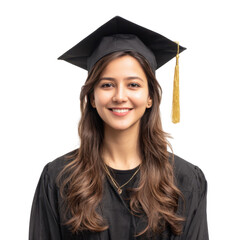 A joyful graduate wearing a black cap and gown. smiling confidently at the camera. with a bright white background highlighting her achievement and readiness for future opportunities