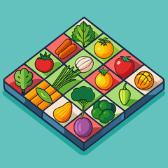 Isometric grid display of colorful fresh vegetables and fruits on a blue background