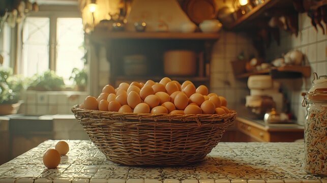 A rustic wicker basket overflowing with brown eggs sits on a kitchen countertop in a charming, antique-style kitchen. Sunlight streams in through a window