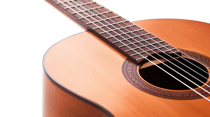 Fototapeta premium A single acoustic guitar isolated on white, showcasing detailed craftsmanship in a studio setting.