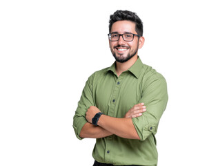 A smiling young man with glasses in a green shirt stands confidently with his arms crossed against a plain white background. suggesting professionalism and approachability for corporate use