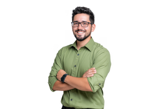 A smiling young man with glasses in a green shirt stands confidently with his arms crossed against a plain white background. suggesting professionalism and approachability for corporate use - Powered by Adobe