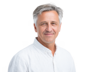 A middle-aged man with gray hair smiles confidently. wearing a white shirt. set against a clean white background. ideal for professional profiles or personal branding
