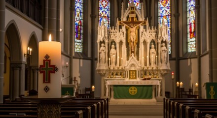 Obraz premium Interior of a grand cathedral with a large candle in the foreground and a beautifully ornate altar in the background