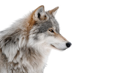 Fototapeta premium A majestic wolf stands in profile against a snowy white background. showcasing its thick fur and sharp gaze. embodying the beauty of wildlife in a serene winter landscape
