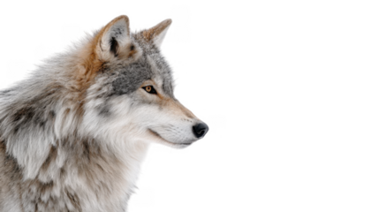 A majestic wolf stands in profile against a snowy white background. showcasing its thick fur and sharp gaze. embodying the beauty of wildlife in a serene winter landscape