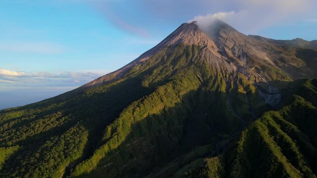 Epic Golden Sunrise Aerial View of Mount Merapi Volcano from Klangon Hill, Yogyakarta, Indonesia