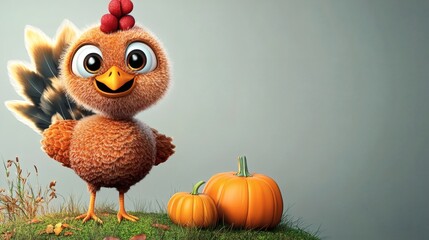 Fototapeta premium A friendly cartoon chicken stands with pumpkins on grass