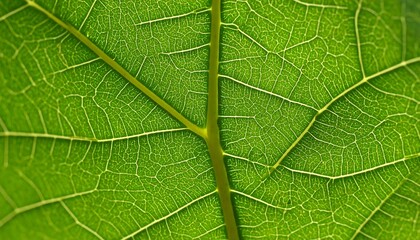 Obraz premium Macro shot of vibrant green leaf with detailed veins, and natures intricate pattern.