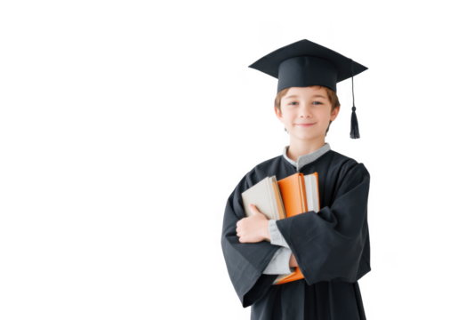 A young boy wearing a graduation cap and gown smiles while holding a stack of books. symbolizing educational achievement in a bright. minimalistic setting - Powered by Adobe