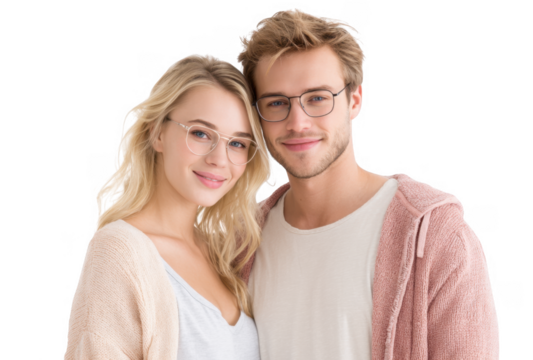 A cheerful young couple wearing glasses and cozy sweaters. smiling warmly at the camera in a bright. well-lit indoor setting. conveying a sense of love and connection