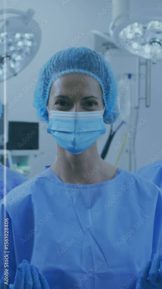 Poster animation of data processing over diverse doctors with face masks
