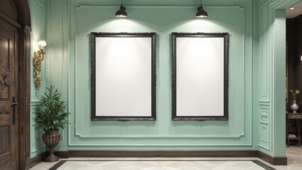 Two empty picture frames on a mint green wall.