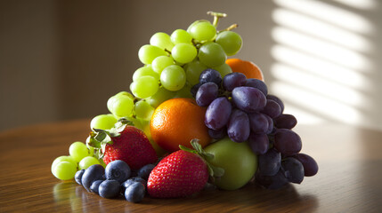 Vibrant arrangement of fresh fruits on a wooden table, showcasing natural beauty and freshness.